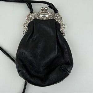 One World by Brighton Black Leather Kiss Lock Crossbody Bag Vintage